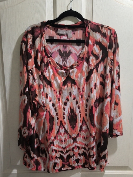 Chico's Tops - Chico's Coral Pink and Brown Ikat Long Sleeve Top